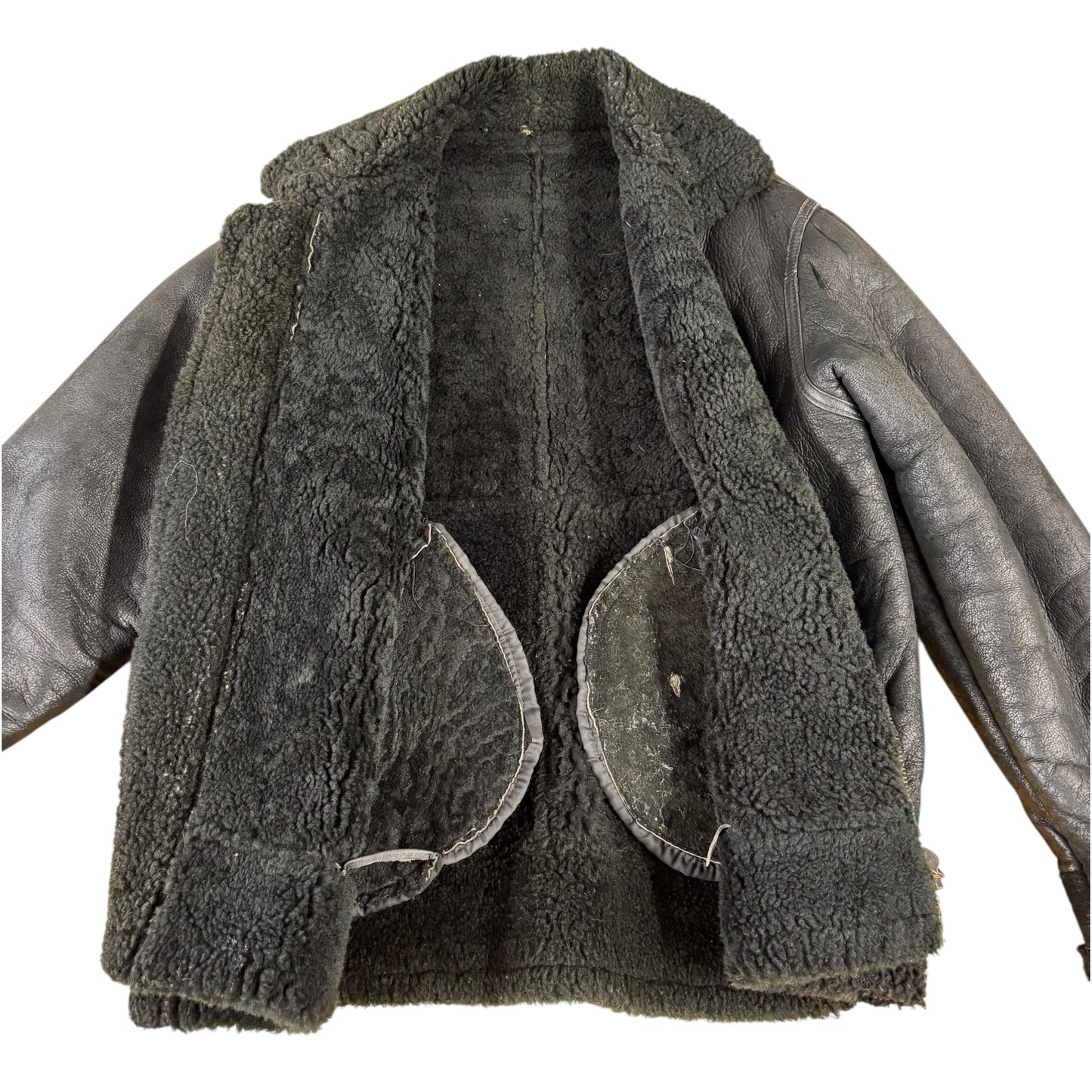 Black Leather Shearling Flight Jacket - S