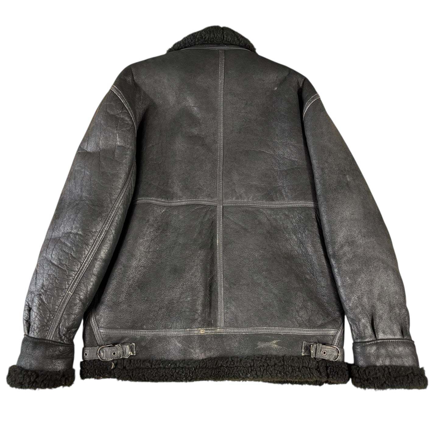 Black Leather Shearling Flight Jacket - S