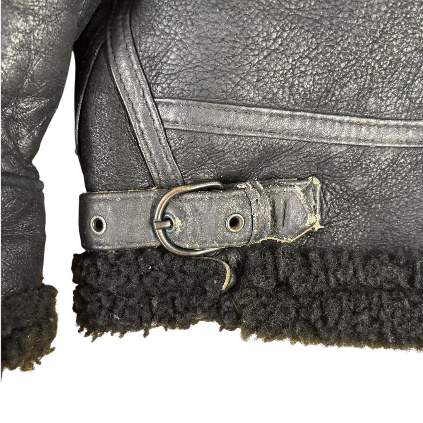 Black Leather Shearling Flight Jacket - S