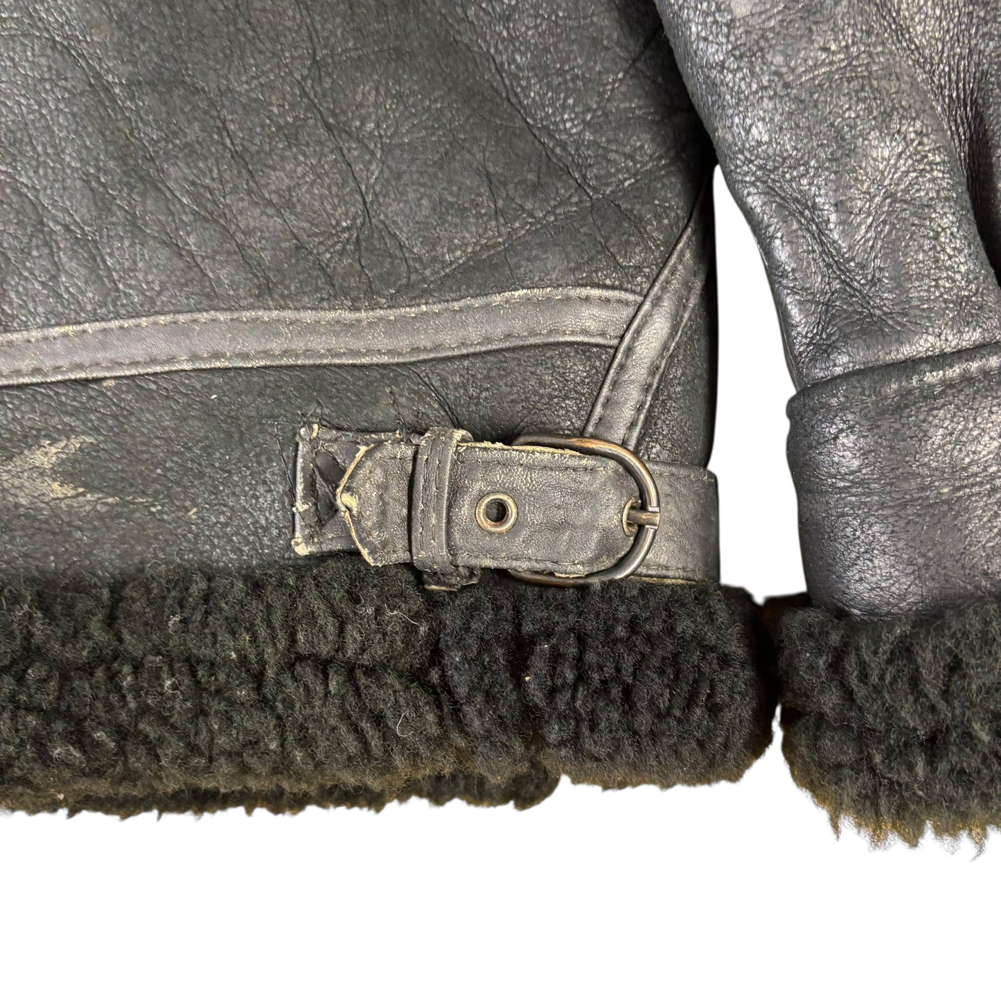 Black Leather Shearling Flight Jacket - S