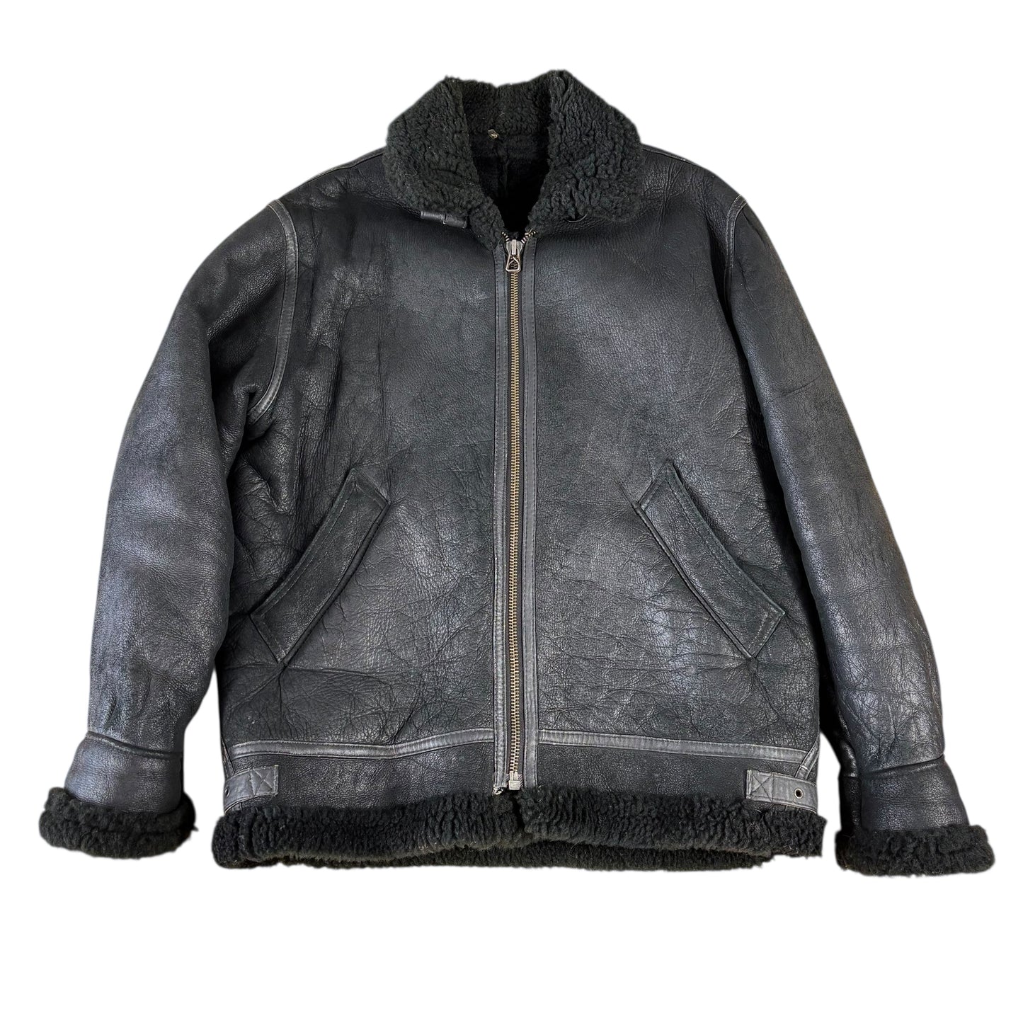 Black Leather Shearling Flight Jacket - S