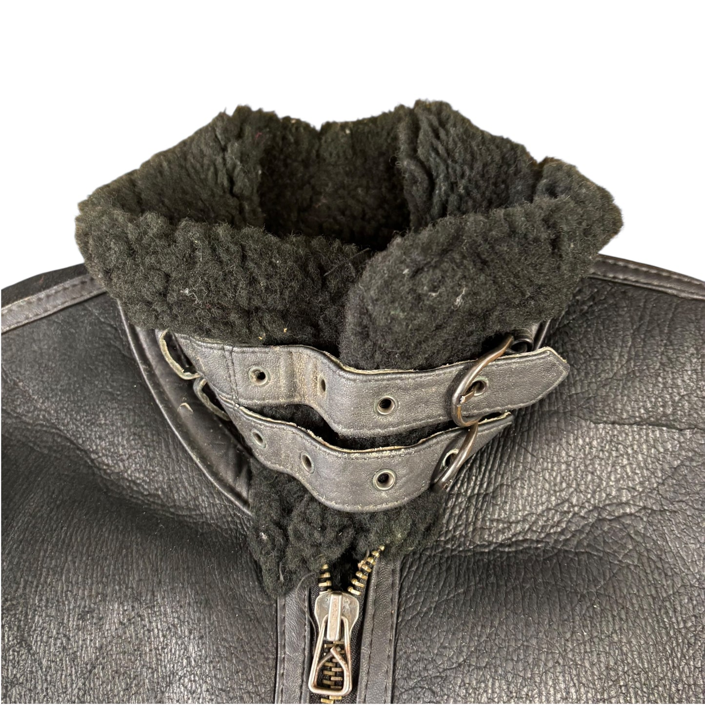 Black Leather Shearling Flight Jacket - S