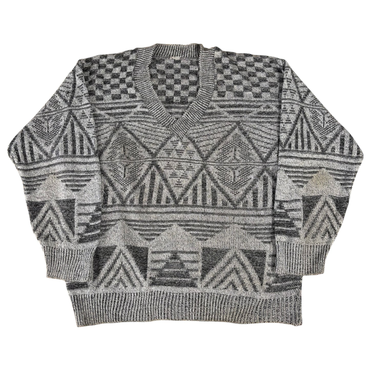 Grey Geometric Deep V-Neck Jumper - XL