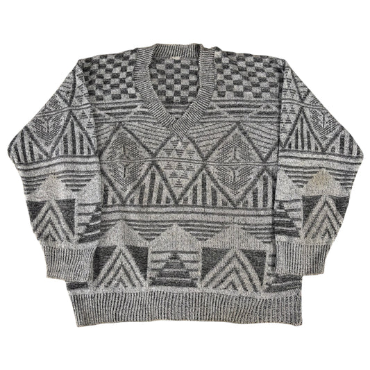Grey Geometric Deep V-Neck Jumper - XL