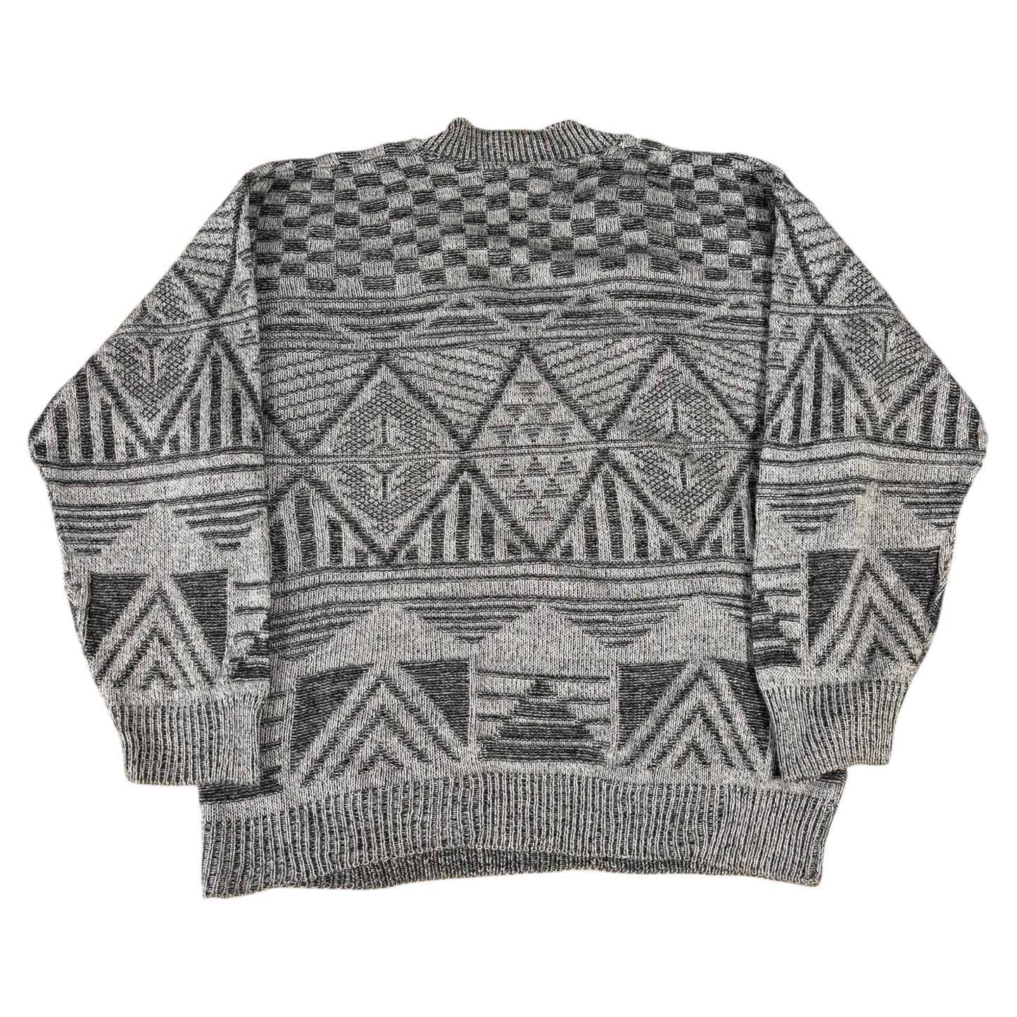 Grey Geometric Deep V-Neck Jumper - XL