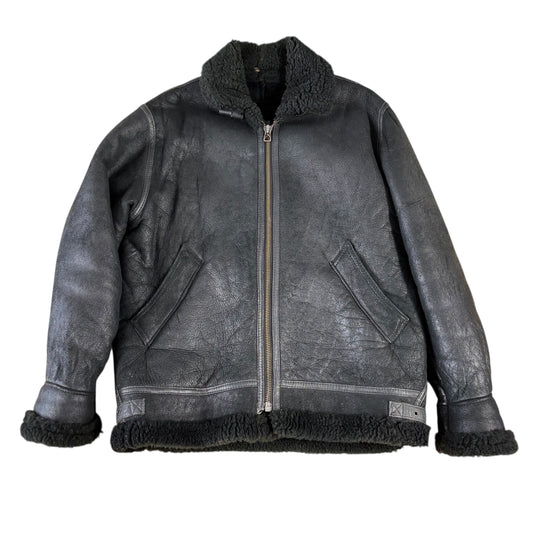 Black Leather Shearling Flight Jacket - S