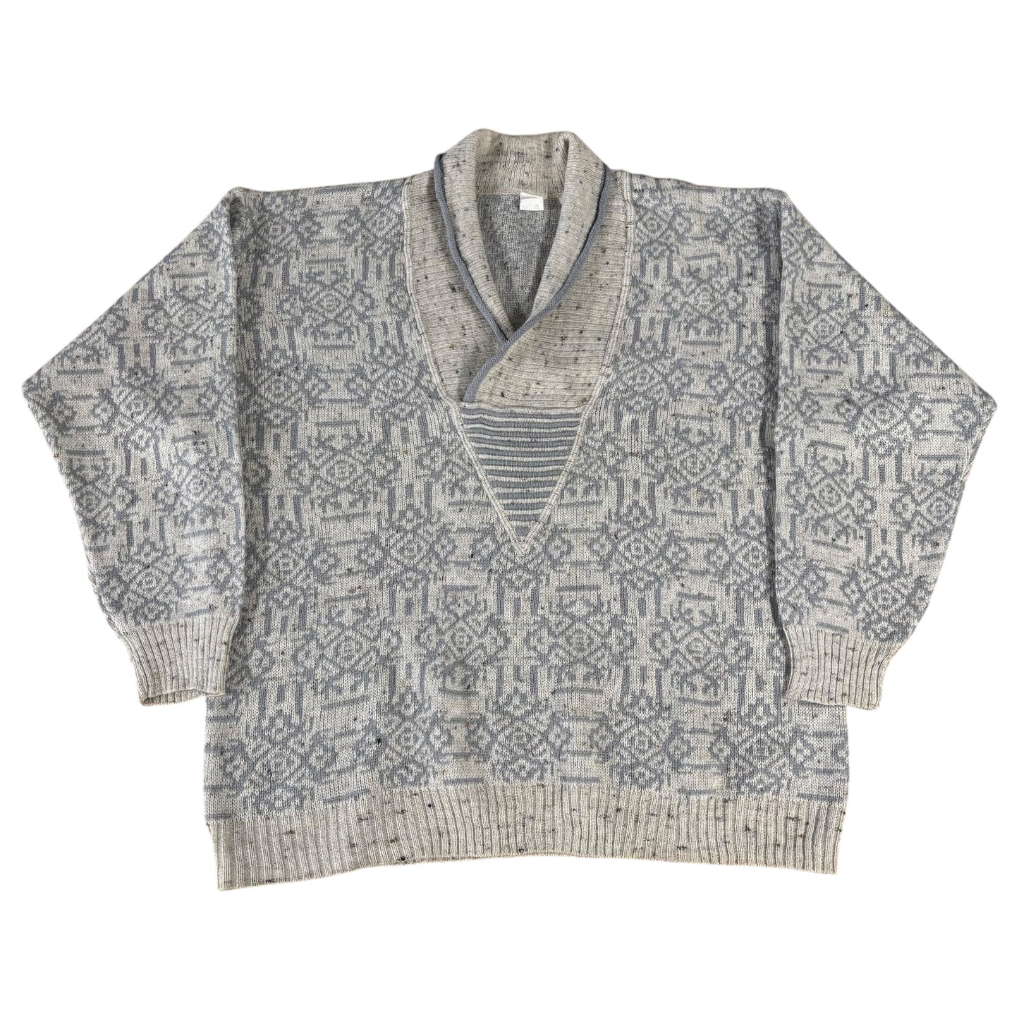 80s Crazy Pattern V-Neck Lambswool Jumper - XL