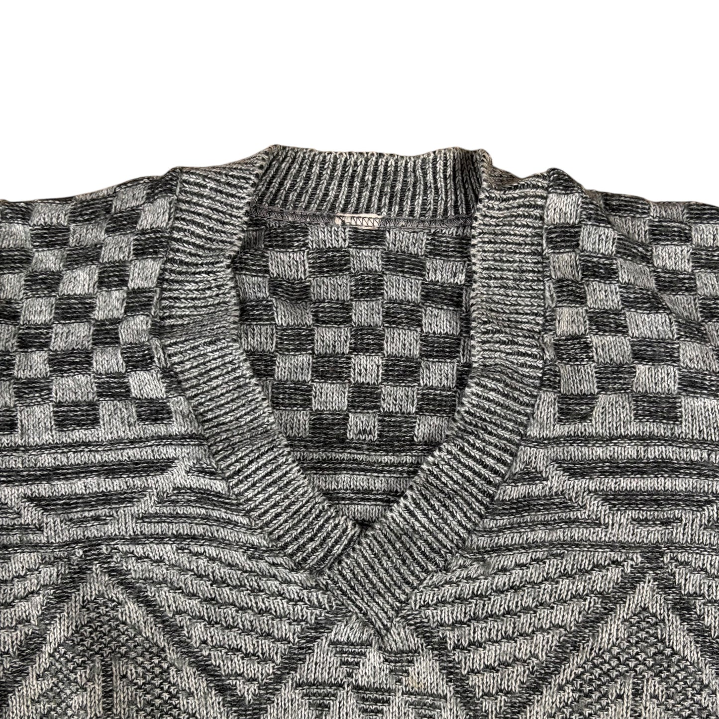Grey Geometric Deep V-Neck Jumper - XL